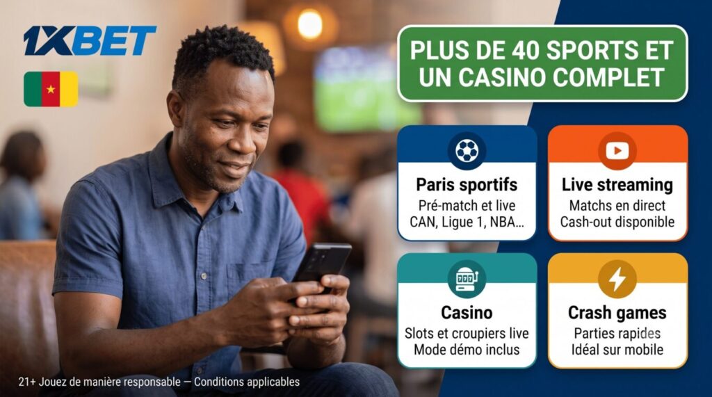 Paris sportifs et casino 1xBet Cameroun : plus de 40 disciplines, slots et croupiers en direct