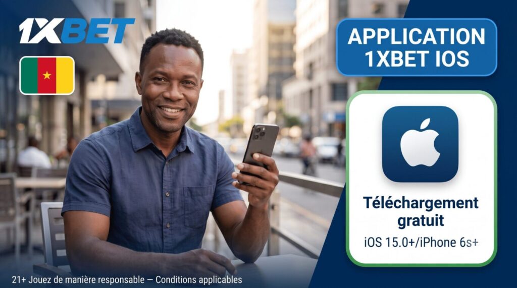 Application 1xBet iOS Cameroun - homme tenant un iPhone, téléchargement gratuit iOS 15.0 et plus